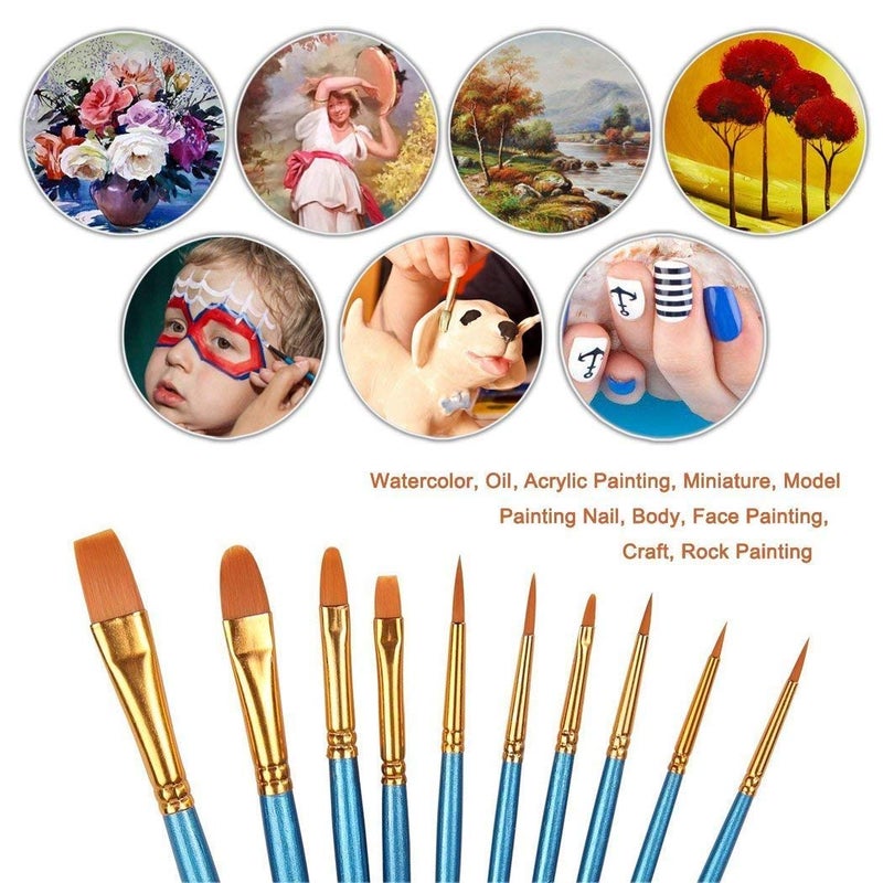 Xubox Paint Brushes Set, 10 Pieces Round Pointed Tip Nylon Hair Artist Acrylic Paintbrushes, Paint Brushes for Acrylic Painting Oil Watercolor Face Nail Body Art Craft, Miniature & Rock Painting, Blue - Image 2